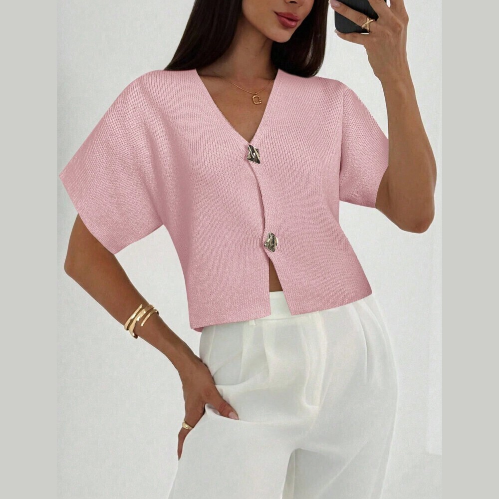 Pink Ribbed Knit Cardigan with Statement Button Closure - Picture 5 of 6
